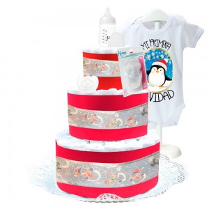 Tarta de Pañales Mi primera Navidad Pinguino  Tartas de Pañales - La Cesta Mágica
