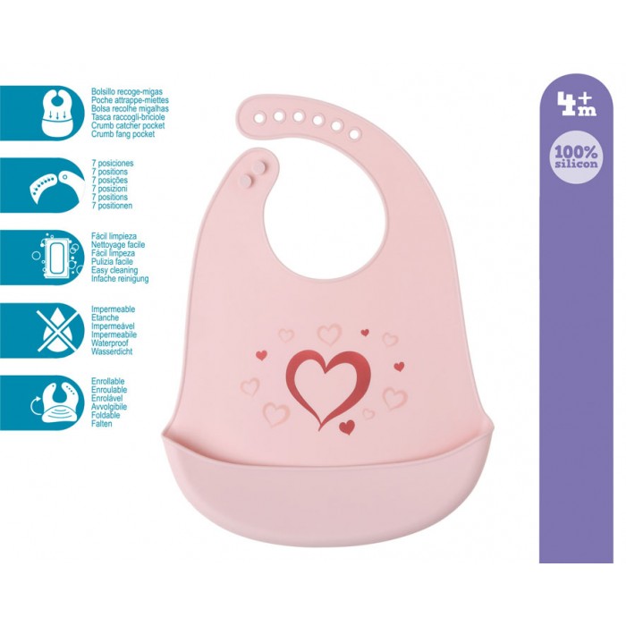 Babero Silicona Corazón Rosa  Alimentacion y Lactancia - La Cesta Mágica